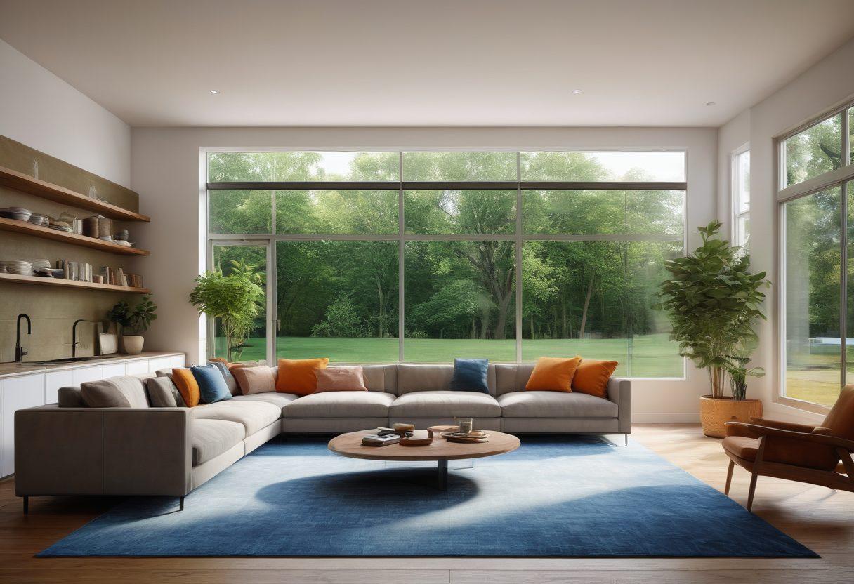 A beautifully designed interior of a dream home showcasing various inspiring house layouts and designs, featuring bright open spaces, modern furniture, and lush greenery through large windows. Include a cozy reading nook, an inviting kitchen, and stylish decor throughout. Subtle lighting enhances the ambiance, making it feel warm and welcoming. A blueprint overlay lightly visible in the background symbolizes planning and design. vibrant colors. super-realistic.