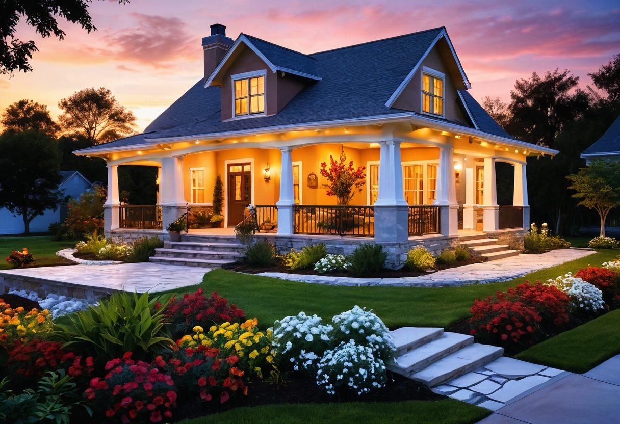 A serene and artistic representation of a dream home in the making, featuring delicate blueprints cascading into a beautifully landscaped garden, with vibrant flowers and a cozy porch. Incorporate elements that signify harmony and comfort, such as soft lighting and inviting furniture. In the backdrop, a scenic sunset illuminating the horizon, creating a sense of bliss. surrealism. warm colors. 3D.